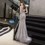 Prom Dress 2025 Silver Mermaid V-neck Beaded Prom Dresses 20023-unique elegant Prom Dresses-Silver-US2-vigocouture