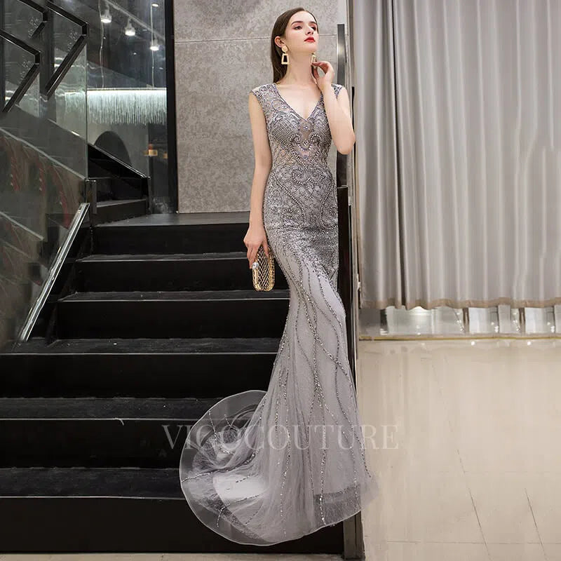 Prom Dress 2025 Silver Mermaid V-neck Beaded Prom Dresses 20023-unique elegant Prom Dresses-Silver-US2-vigocouture