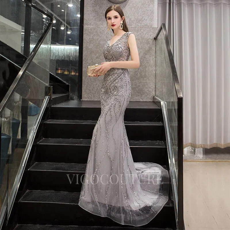 Prom Dress 2025 Silver Mermaid V-neck Beaded Prom Dresses 20023-unique elegant Prom Dresses-Silver-US2-vigocouture