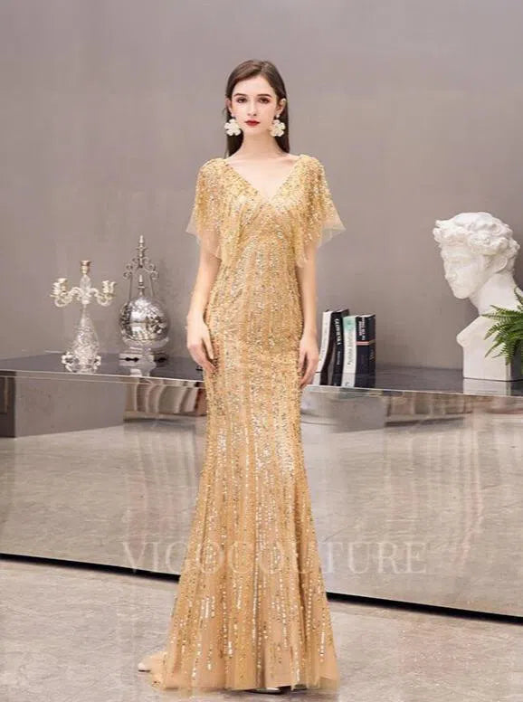 Prom Dress 2025 Silver Mermaid V-neck Beaded Prom Dresses 20064-unique elegant Prom Dresses-Gold-US2-vigocouture