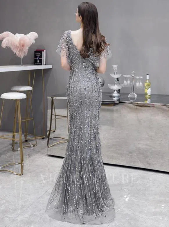 Prom Dress 2025 Silver Mermaid V-neck Beaded Prom Dresses 20064-unique elegant Prom Dresses-Silver-US2-vigocouture