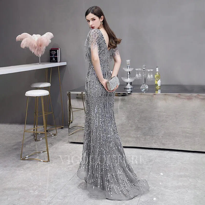 Prom Dress 2025 Silver Mermaid V-neck Beaded Prom Dresses 20064-unique elegant Prom Dresses-Silver-US2-vigocouture