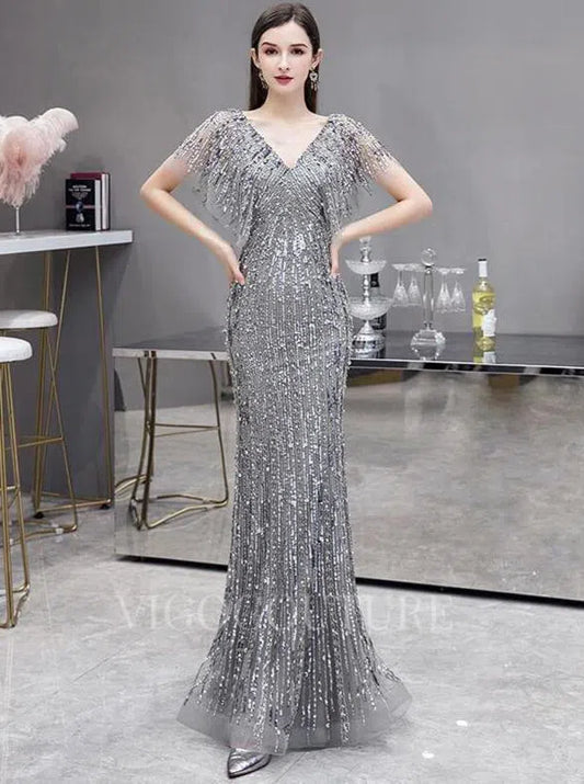 Prom Dress 2025 Silver Mermaid V-neck Beaded Prom Dresses 20064-unique elegant Prom Dresses-Silver-US2-vigocouture