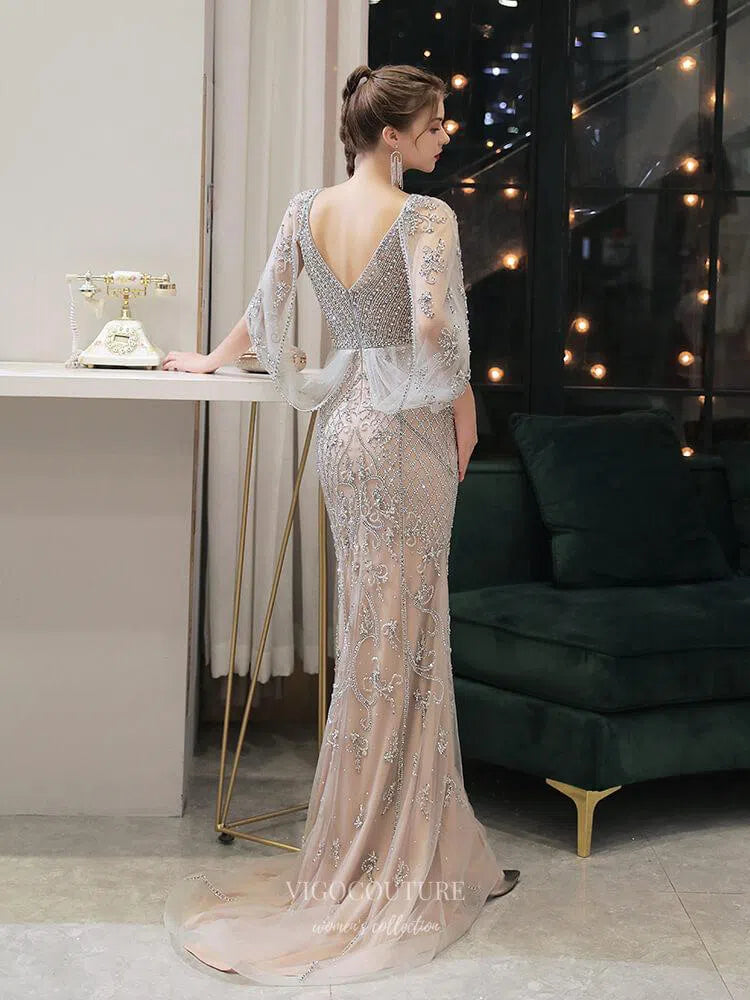 Silver Mermaid V-Neck Prom Dresses Batwing Sleeve Beaded Prom Dresses 20053 Custom Colors / US8 Silver Mermaid V-Neck Prom Dresses Batwing Sleeve Beaded Prom Dresses 20053 Custom Colors / US8