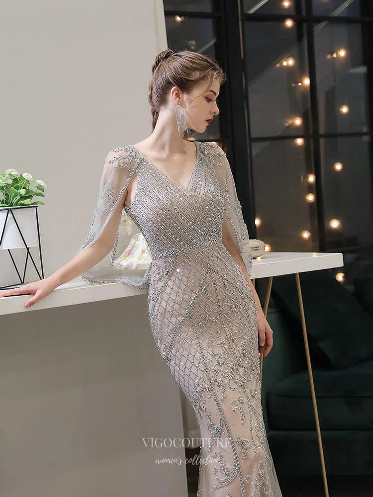 Silver Mermaid V-neck Prom Dresses Batwing Sleeve Beaded Prom Dresses 20053 Custom Colors / US8 Silver Mermaid V-neck Prom Dresses Batwing Sleeve Beaded Prom Dresses 20053 Custom Colors / US8