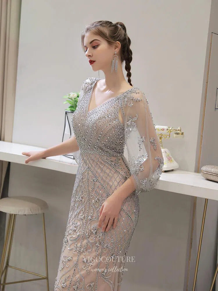 Prom Dress 2025 Silver Mermaid V-neck Prom Dresses Batwing Sleeve Beaded Prom Dresses 20053-unique elegant Prom Dresses-Silver-US2-vigocouture