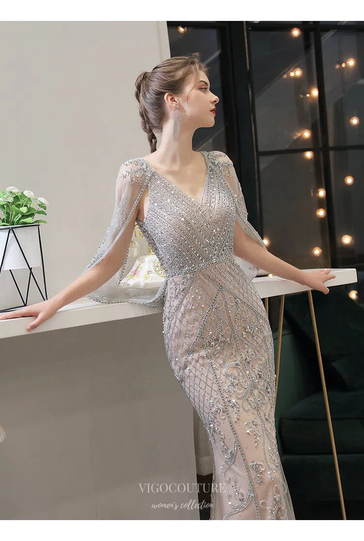 Prom Dress 2025 Silver Mermaid V-neck Prom Dresses Batwing Sleeve Beaded Prom Dresses 20053-unique elegant Prom Dresses-Silver-US2-vigocouture