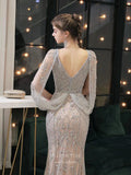 Prom Dress 2025 Silver Mermaid V-neck Prom Dresses Batwing Sleeve Beaded Prom Dresses 20053-unique elegant Prom Dresses-Silver-US2-vigocouture