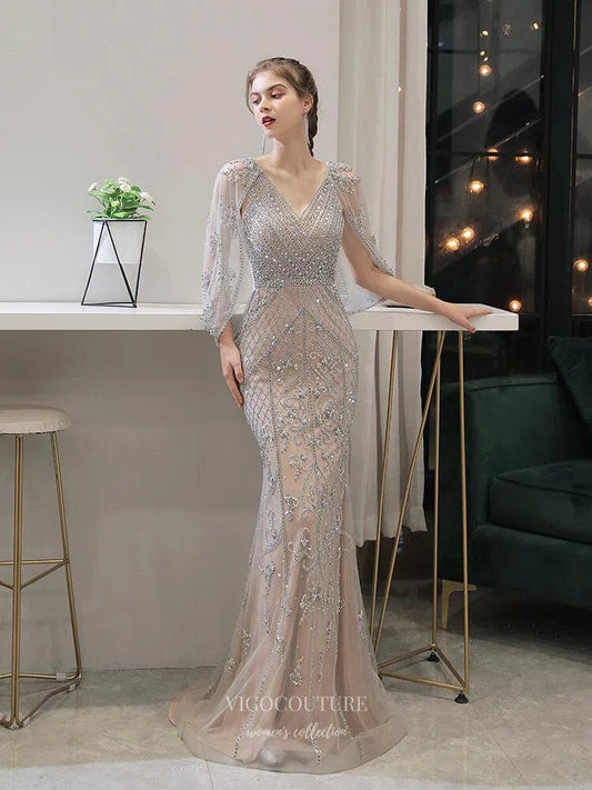 Prom Dress 2025 Silver Mermaid V-neck Prom Dresses Batwing Sleeve Beaded Prom Dresses 20053-unique elegant Prom Dresses-Silver-US2-vigocouture