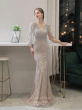 Silver Mermaid V-neck Prom Dresses Batwing Sleeve Beaded Prom Dresses 20053