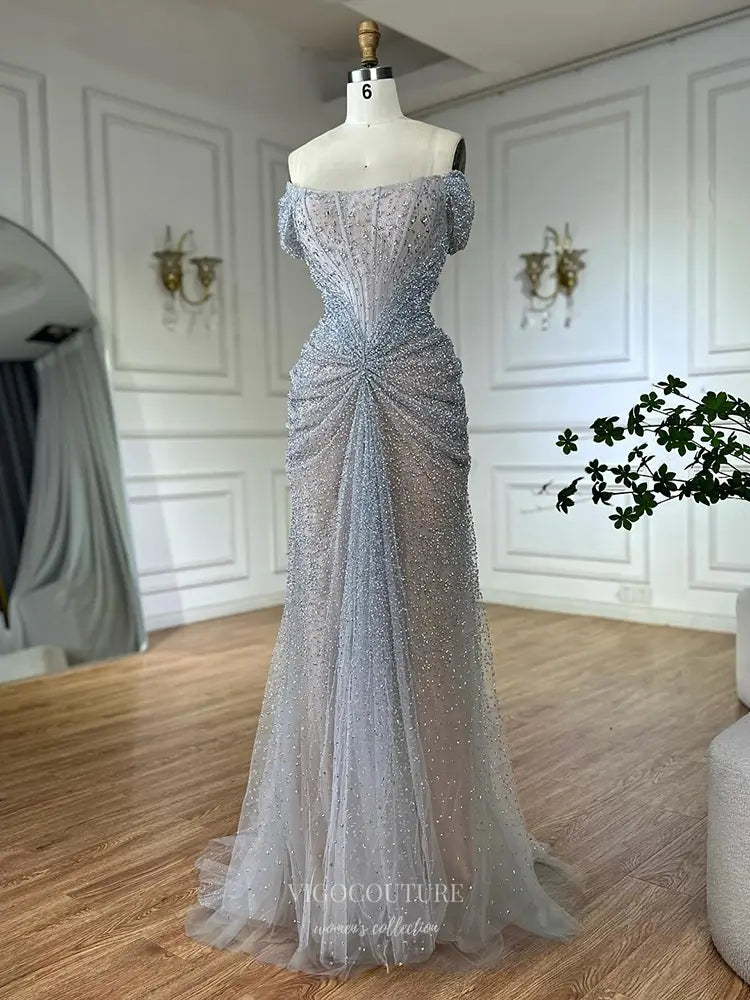 Beaded Off-Shoulder Scoop Neck Gown with Corset Back – 25330 Silver / 6