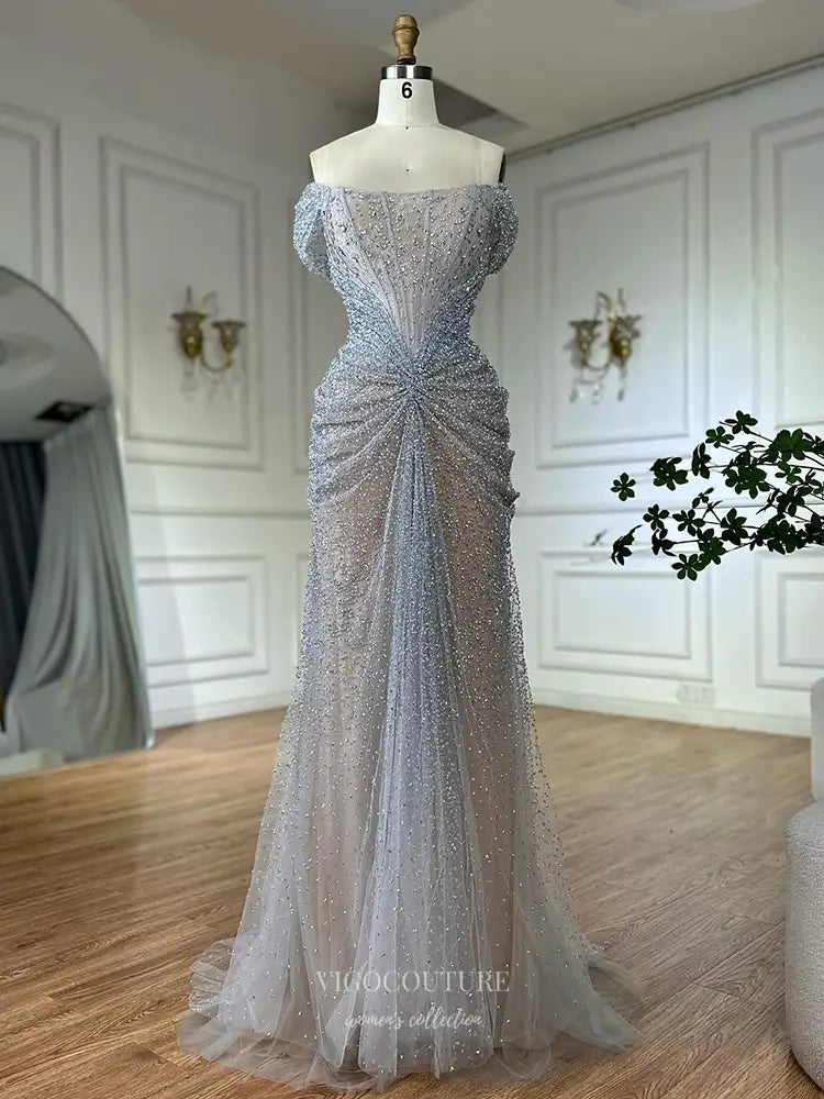 Beaded Off-Shoulder Scoop Neck Gown with Corset Back – 25330 – vigocouture