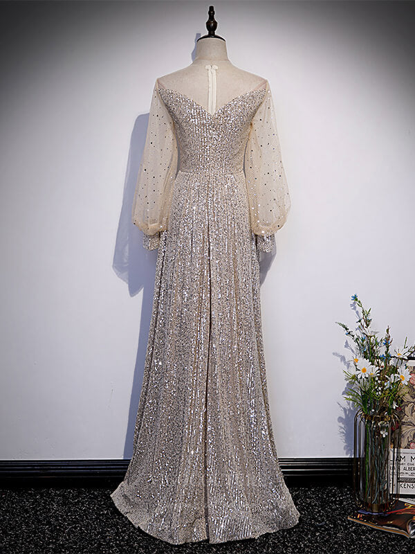 Silver Sequin Long Sleeve Boat Neck Prom Dress 20892 Custom Colors / 16W Silver Sequin Long Sleeve Boat Neck Prom Dress 20892 Custom Colors / 16W