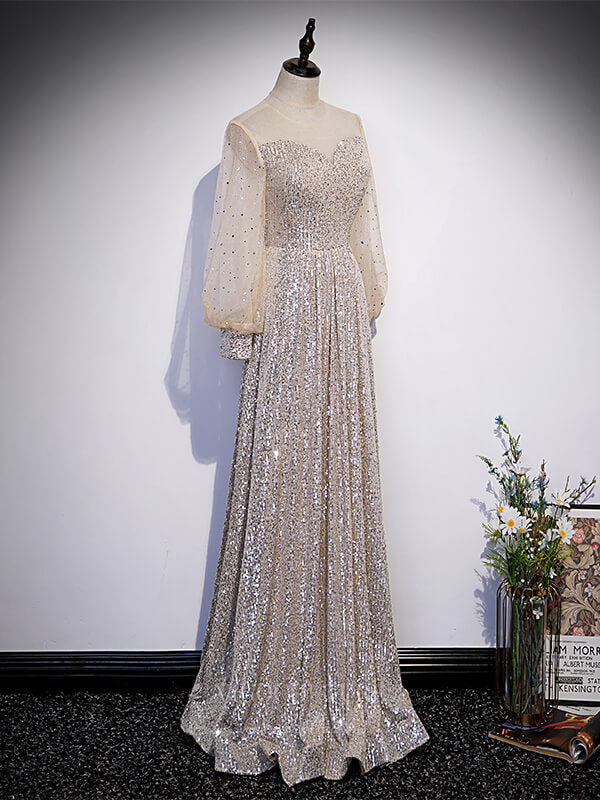Silver Sequin Long Sleeve Boat Neck Prom Dress 20892 Custom Colors / 16W Silver Sequin Long Sleeve Boat Neck Prom Dress 20892 Custom Colors / 16W