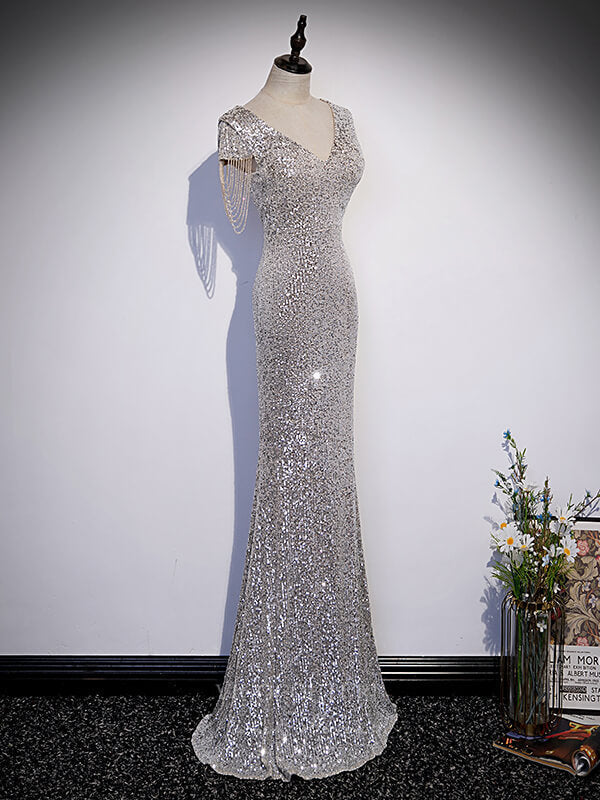 Silver Sequin Mermaid V-Neck Prom Dress 20904 Silver Sequin Mermaid V-Neck Prom Dress 20904