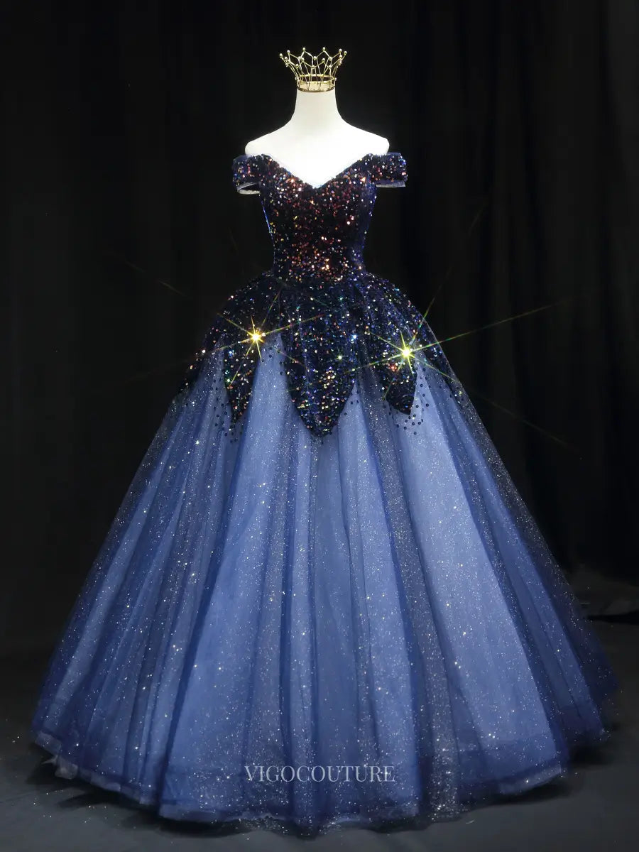 Prom Dresses 2025 to impress Silver Sparkly Tulle Prom Dresses Beaded Off the Shoulder Quinceanera Dresses SU081-vigocouture-Blue-Custom Size-vigocouture