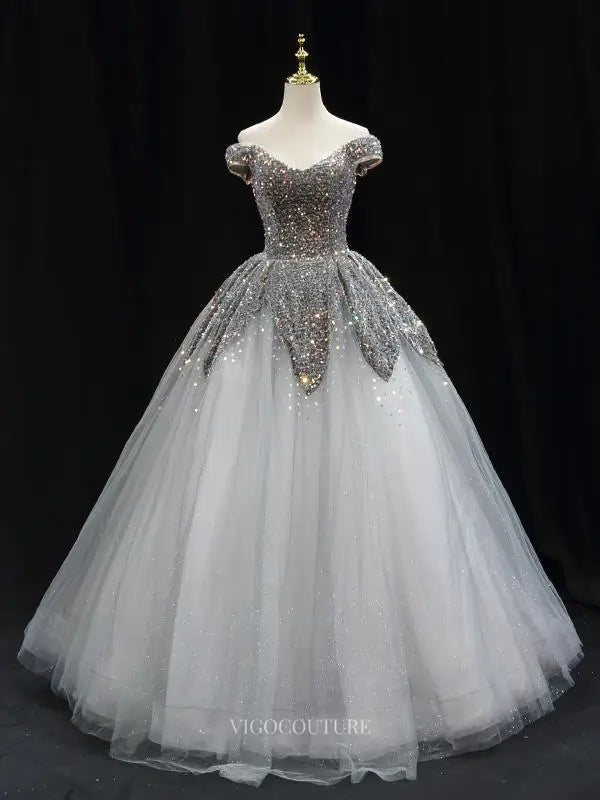 Prom Dresses 2025 to impress Silver Sparkly Tulle Prom Dresses Beaded Off the Shoulder Quinceanera Dresses SU081-vigocouture-Silver-Custom Size-vigocouture