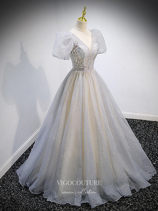 Silver Sparkly Tulle Prom Dresses Puffed Sleeve Formal Dresses 21348 – vigocouture