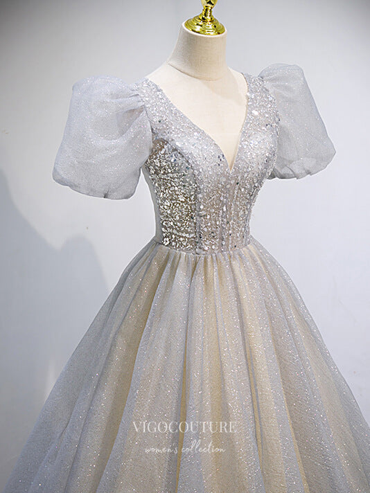 Prom Dress 2025 Silver Sparkly Tulle Prom Dresses Puffed Sleeve Formal Dresses 21348-unique elegant Prom Dresses-Silver-US2-vigocouture