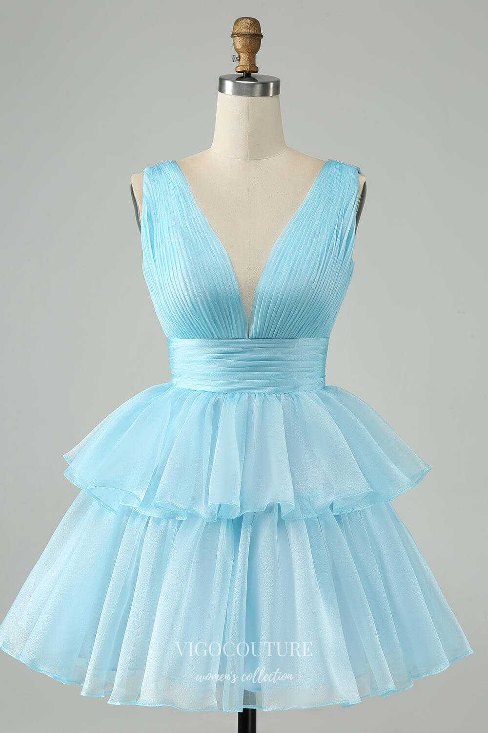 Short Prom Dresses 2025 Sky Blue A Line V Neck Homecoming Dress Pleated Tiered Back to School Dress hc363-Prom Dresses-vigocouture-vigocouture