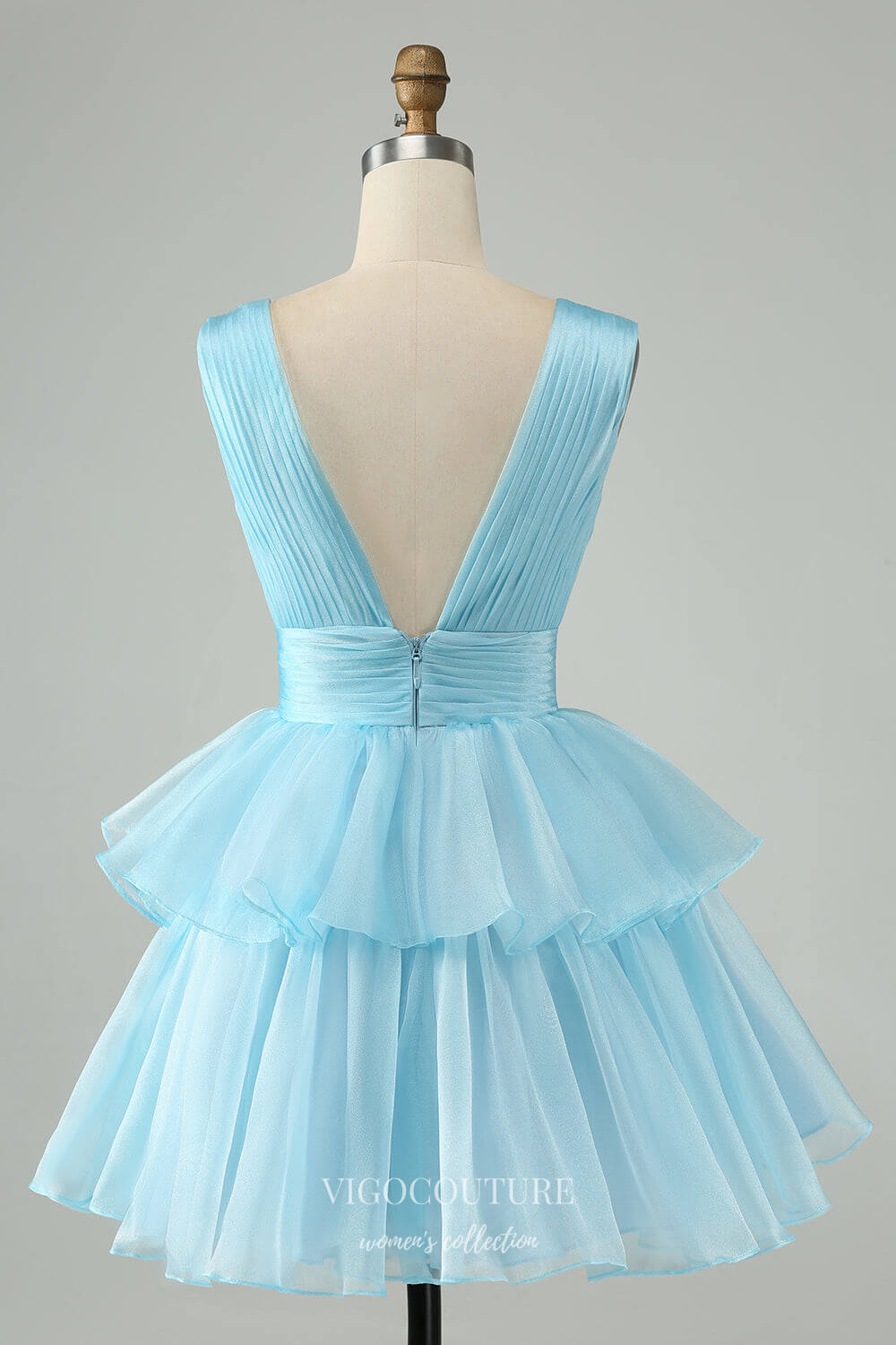 Short Prom Dresses 2025 Sky Blue A Line V Neck Homecoming Dress Pleated Tiered Back to School Dress hc363-Prom Dresses-vigocouture-vigocouture