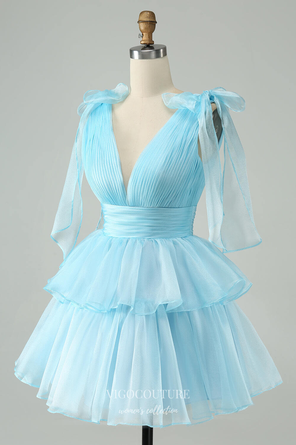 Short Prom Dresses 2025 Sky Blue A Line V Neck Homecoming Dress Pleated Tiered Back to School Dress hc363-Prom Dresses-vigocouture-vigocouture