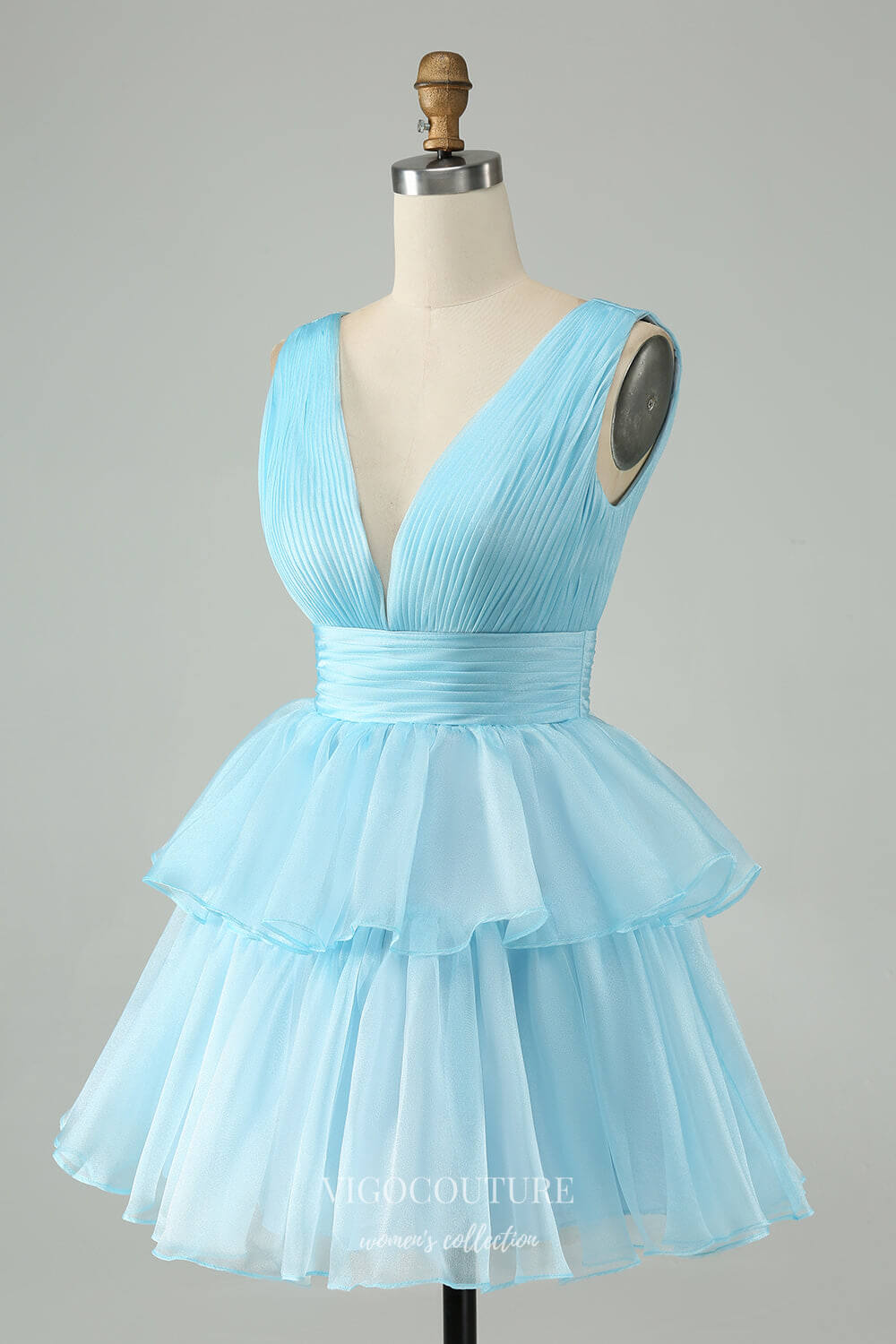 Sky Blue A Line V Neck Homecoming Dress Pleated Tiered Back to School ...