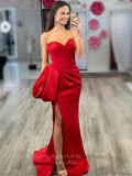 Prom Dress 2025 Smooth Satin Bow Mermaid Cheap Prom Dresses with Slit Pleated Bodice 24142-unique elegant Prom Dresses-Red-Custom Size-vigocouture