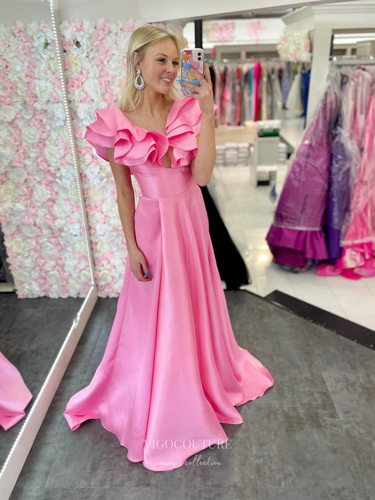 Prom Dress 2025 Smooth Satin Cheap Prom Dresses Ruffle Off the Shoulder Formal Gown 24136-unique elegant Prom Dresses-Pink-Custom Size-vigocouture