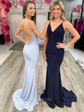 Smooth Satin Mermaid Prom Dresses Beaded Spaghetti Strap Open Back 24110