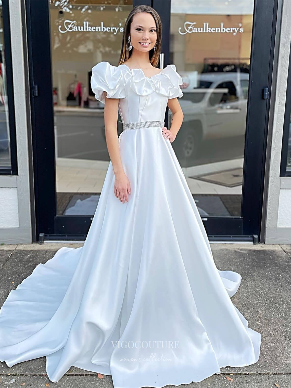 Prom Dress 2025 Smooth Satin Ruffle Off the Shoulder Prom Dresses Beaded Belt 24214-unique elegant Prom Dresses-Ivory-Custom Size-vigocouture