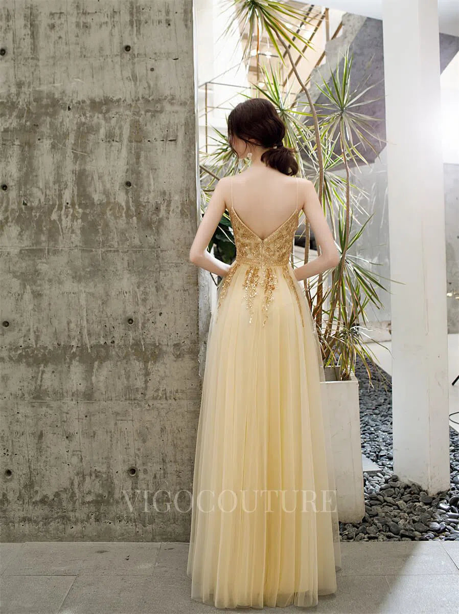 Prom Dress 2025 Spaghetti Strap A-line Prom Gown Beaded Prom Dresses 20174-unique elegant Prom Dresses-Gold-US2-vigocouture