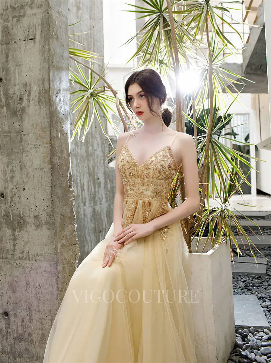 Prom Dress 2025 Spaghetti Strap A-line Prom Gown Beaded Prom Dresses 20174-unique elegant Prom Dresses-Gold-US2-vigocouture