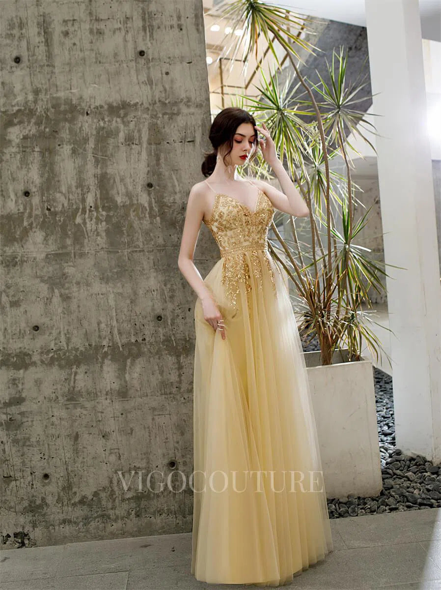 Prom Dress 2025 Spaghetti Strap A-line Prom Gown Beaded Prom Dresses 20174-unique elegant Prom Dresses-Gold-US2-vigocouture