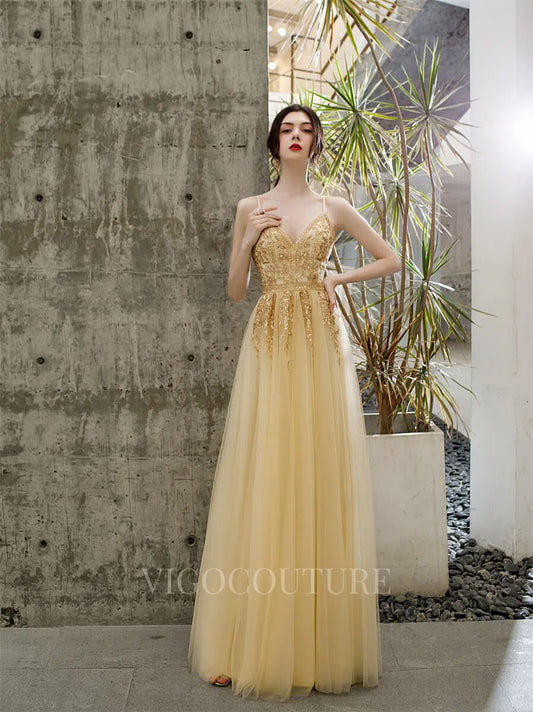 Prom Dress 2025 Spaghetti Strap A-line Prom Gown Beaded Prom Dresses 20174-unique elegant Prom Dresses-Gold-US2-vigocouture