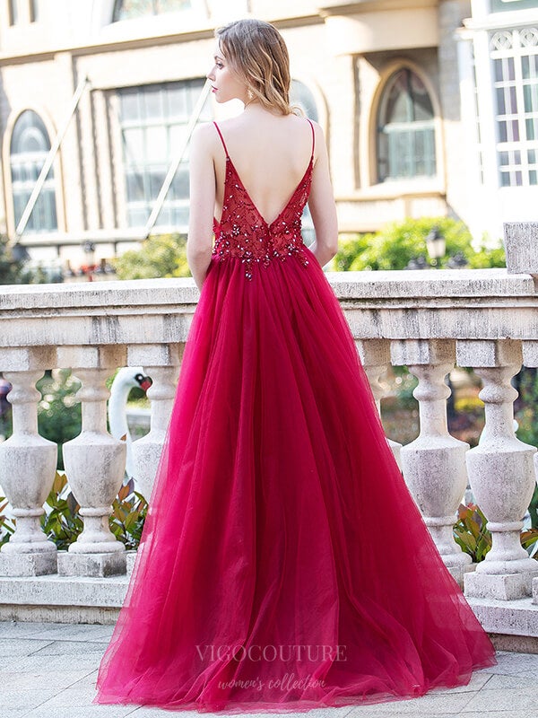 Prom Dress 2025 Spaghetti Strap Beaded A-Line Prom Dress 20796-unique elegant Prom Dresses-Red-US2-vigocouture