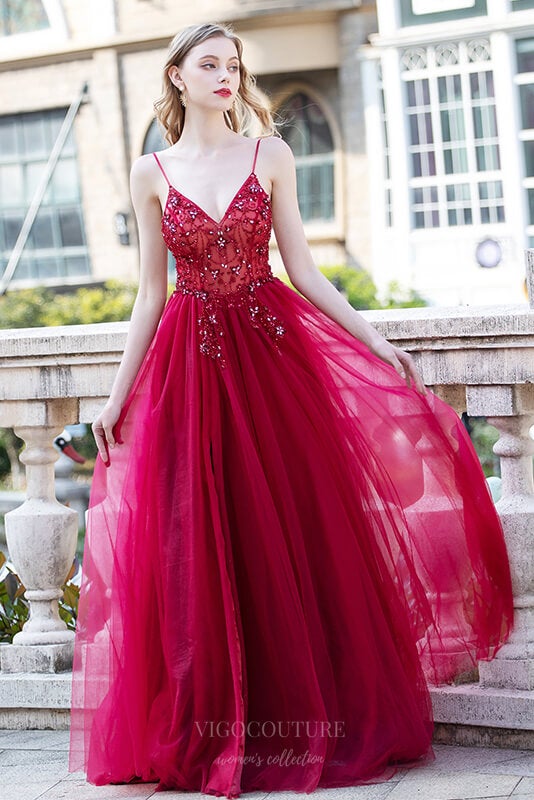 Prom Dress 2025 Spaghetti Strap Beaded A-Line Prom Dress 20796-unique elegant Prom Dresses-Red-US2-vigocouture