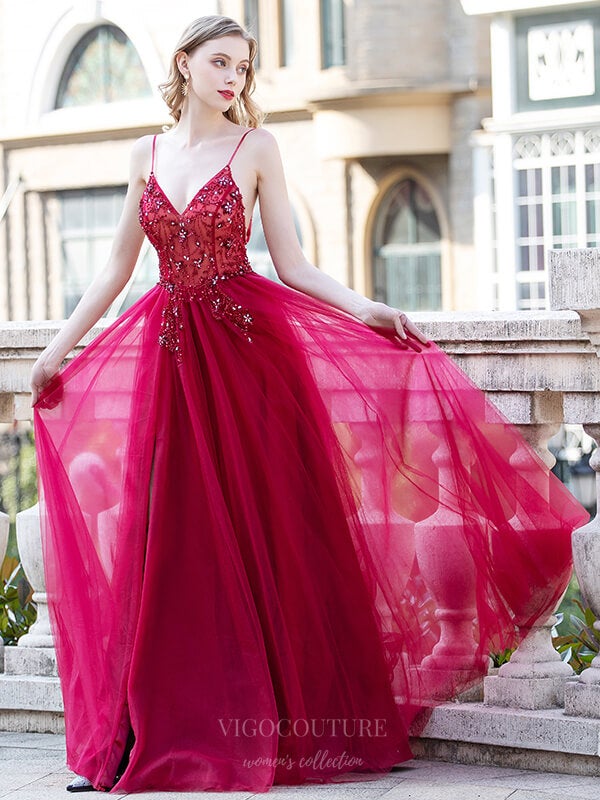 Prom Dress 2025 Spaghetti Strap Beaded A-Line Prom Dress 20796-unique elegant Prom Dresses-Red-US2-vigocouture