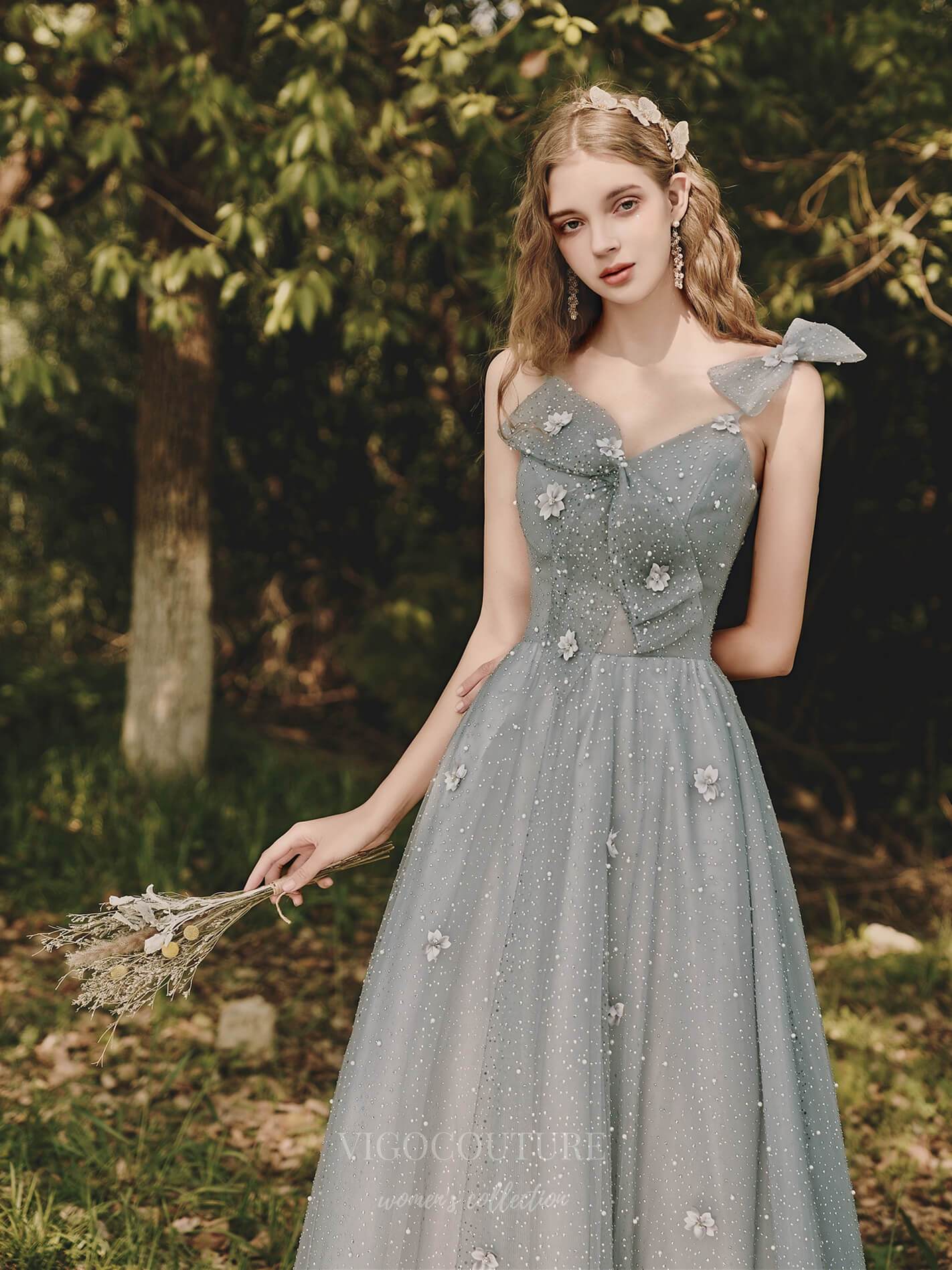 Prom Dress 2025 Spaghetti Strap Bow Prom Dress 20704-unique elegant Prom Dresses-Grey-US2-vigocouture