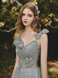 Prom Dress 2025 Spaghetti Strap Bow Prom Dress 20704-unique elegant Prom Dresses-Grey-US2-vigocouture