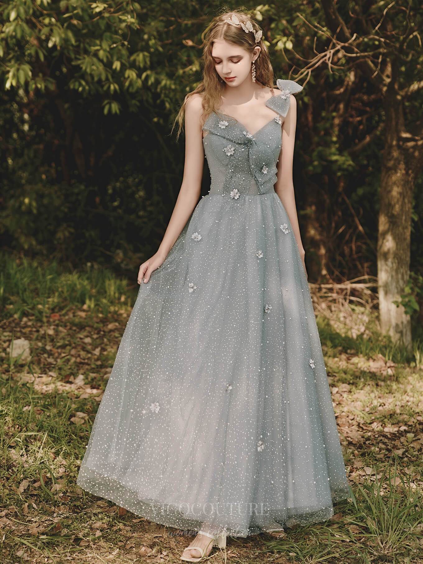 Prom Dress 2025 Spaghetti Strap Bow Prom Dress 20704-unique elegant Prom Dresses-Grey-US2-vigocouture