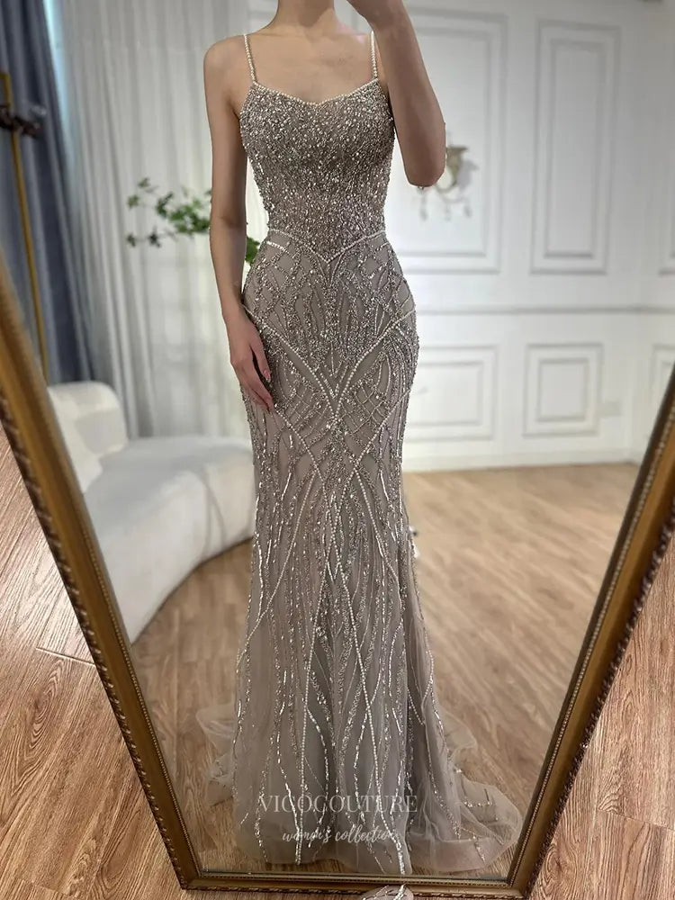 Prom Dresses 2025 to impress Spaghetti Strap Glitter Embellished Mermaid Gown with Train – Style 25332-vigocouture-Beige-2-vigocouture