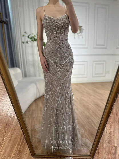 Prom Dresses 2025 to impress Spaghetti Strap Glitter Embellished Mermaid Gown with Train – Style 25332-vigocouture-Beige-2-vigocouture