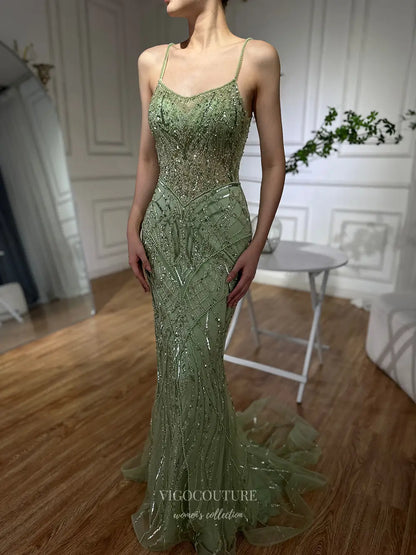 Prom Dresses 2025 to impress Spaghetti Strap Glitter Embellished Mermaid Gown with Train – Style 25332-vigocouture-vigocouture