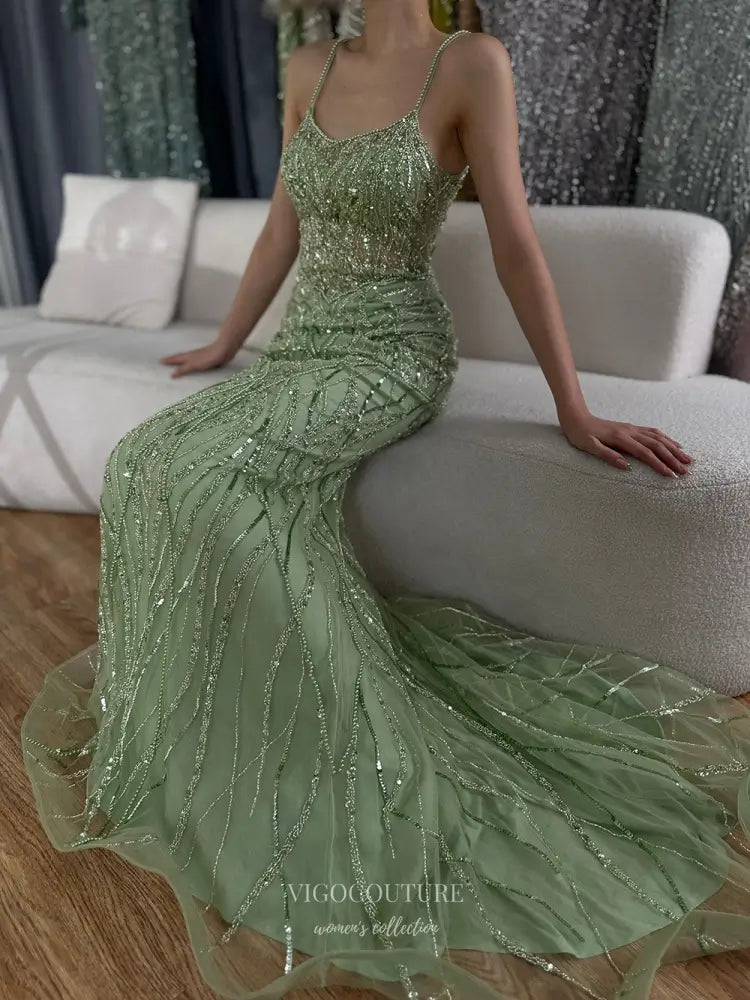 Prom Dresses 2025 to impress Spaghetti Strap Glitter Embellished Mermaid Gown with Train – Style 25332-vigocouture-vigocouture