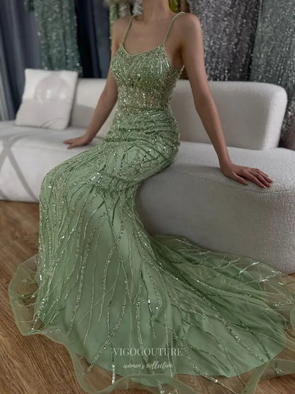 Prom Dresses 2025 to impress Spaghetti Strap Glitter Embellished Mermaid Gown with Train – Style 25332-vigocouture-vigocouture