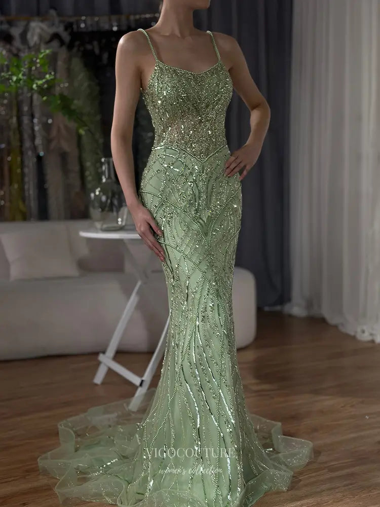 Prom Dresses 2025 to impress Spaghetti Strap Glitter Embellished Mermaid Gown with Train – Style 25332-vigocouture-vigocouture