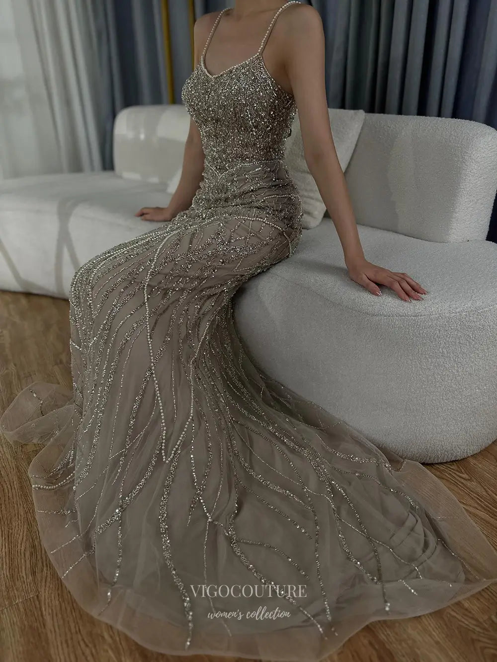 Prom Dresses 2025 to impress Spaghetti Strap Glitter Embellished Mermaid Gown with Train – Style 25332-vigocouture-vigocouture