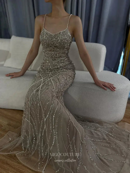 Prom Dresses 2025 to impress Spaghetti Strap Glitter Embellished Mermaid Gown with Train – Style 25332-vigocouture-vigocouture