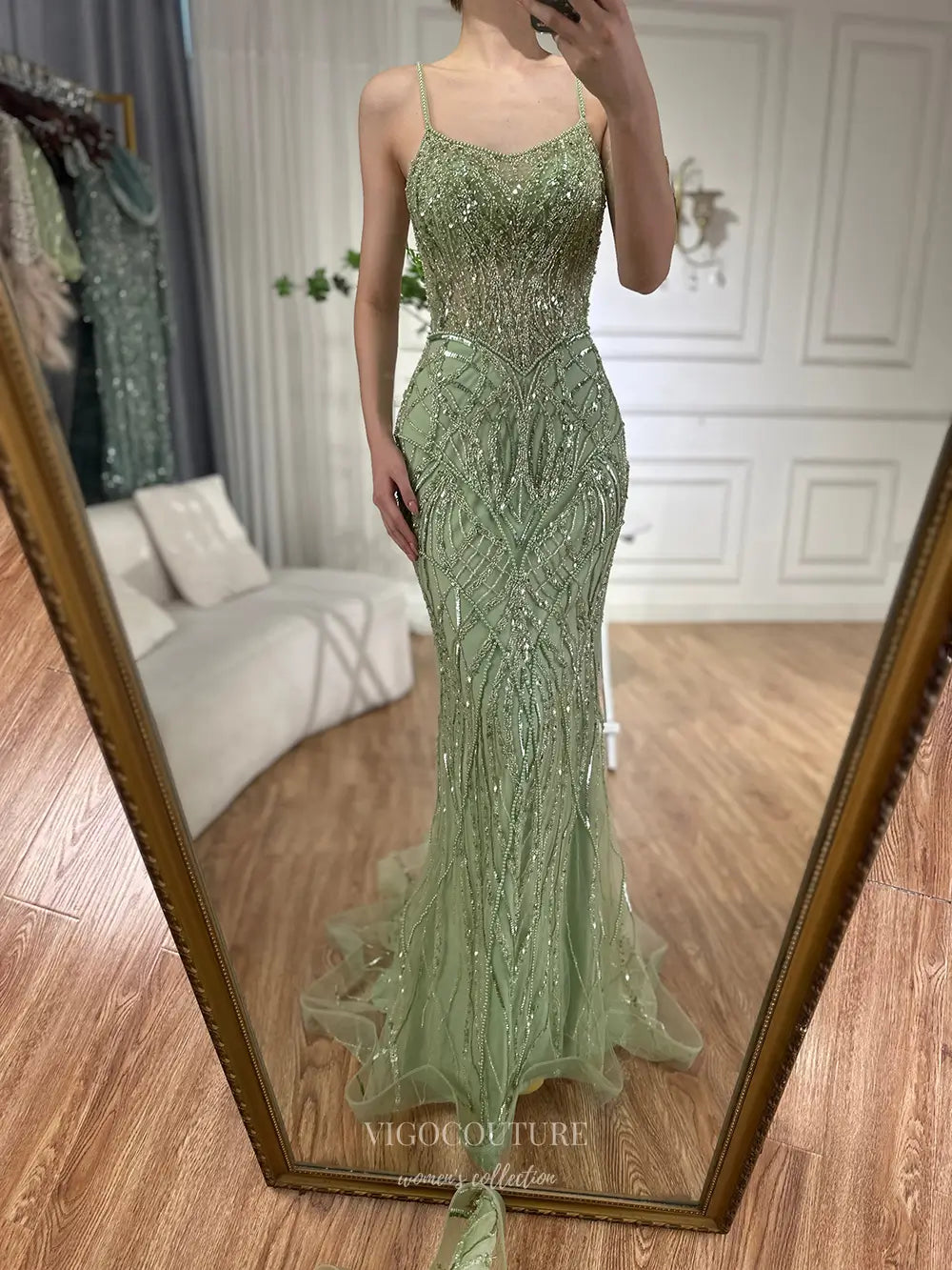 Prom Dresses 2025 to impress Spaghetti Strap Glitter Embellished Mermaid Gown with Train – Style 25332-vigocouture-Green-2-vigocouture